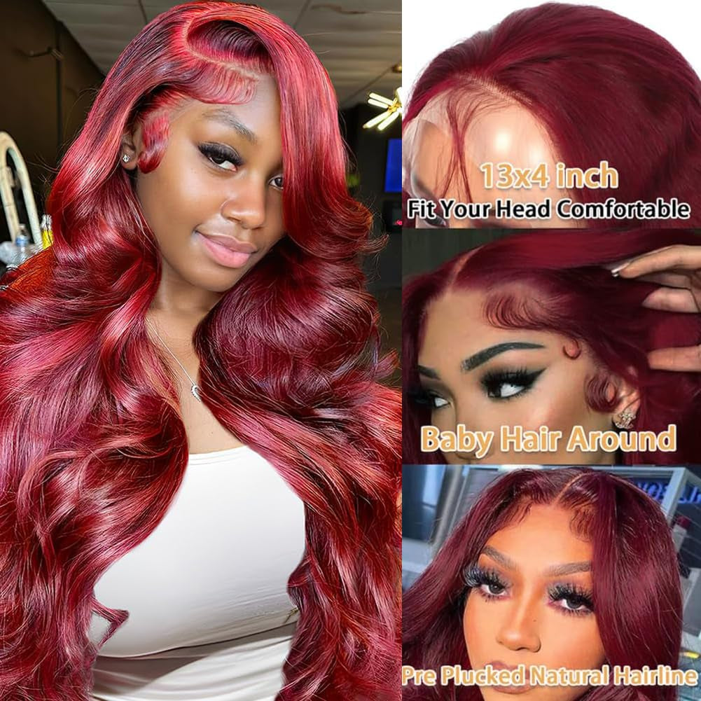 99J Burgundy Human Hair Lace Front Wig - 13X4 Body Wave, 180 Density, HD Transparent, Glueless, Pre-Plucked with Baby Hair, 22 Inch