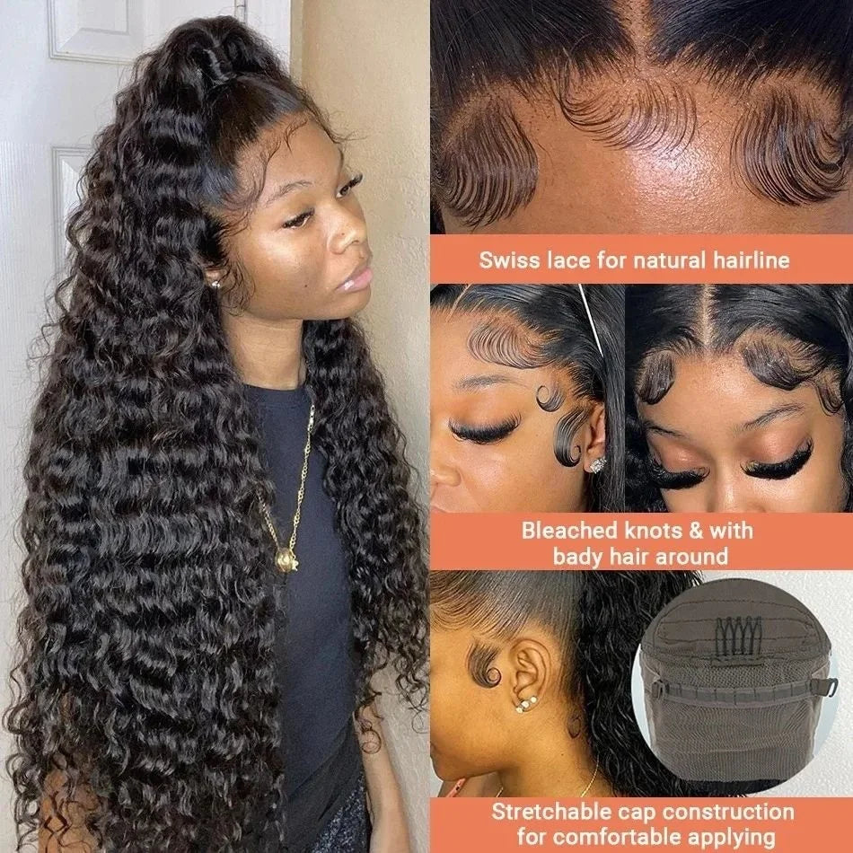 250 Density Deep Wave Lace Front Wig - 13X6 HD Lace Frontal, 4X4 & 13X4 Curly Human Hair Wigs for Women, 360 Pre-Plucked Lace Wig