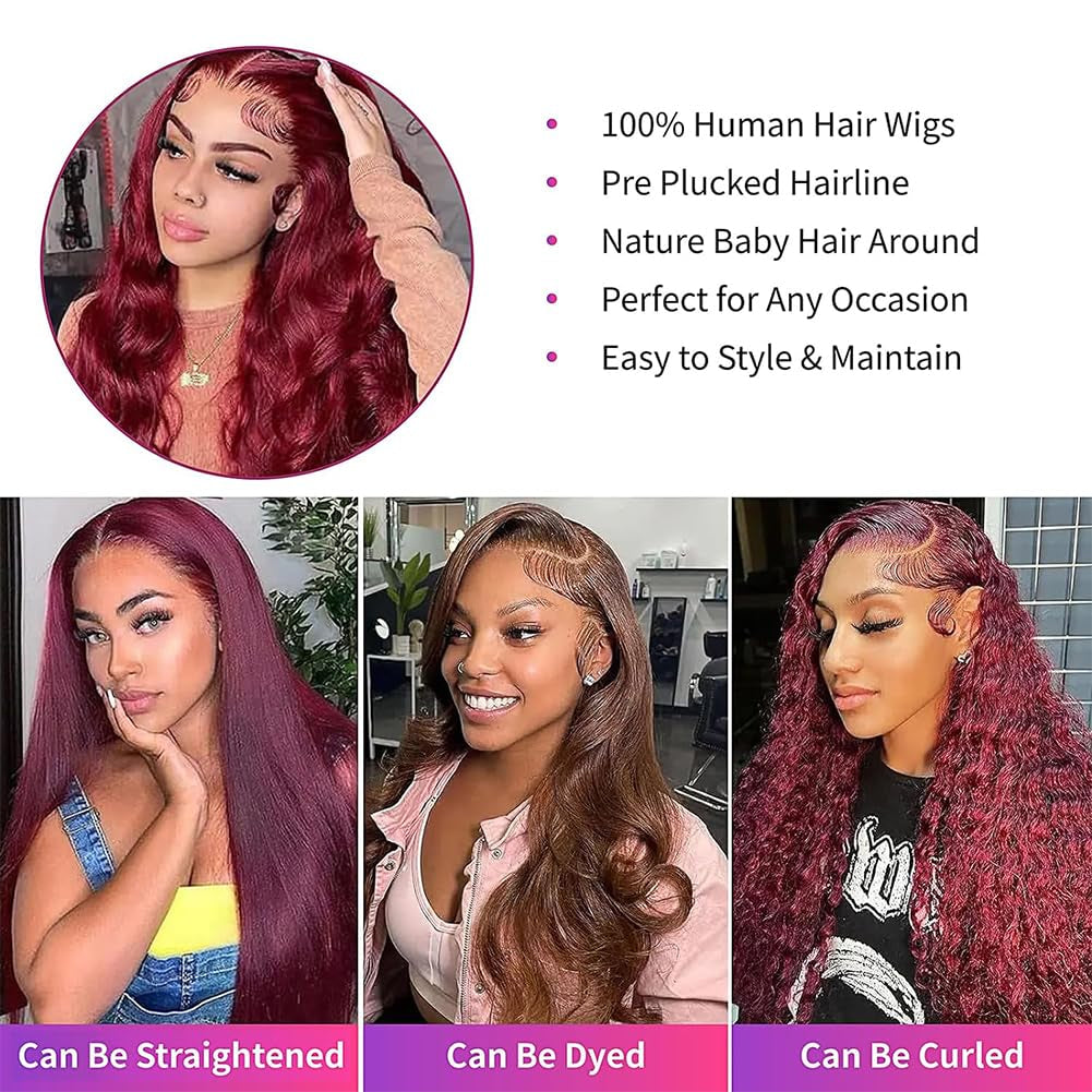 99J Burgundy Human Hair Lace Front Wig - 13X4 Body Wave, 180 Density, HD Transparent, Glueless, Pre-Plucked with Baby Hair, 22 Inch