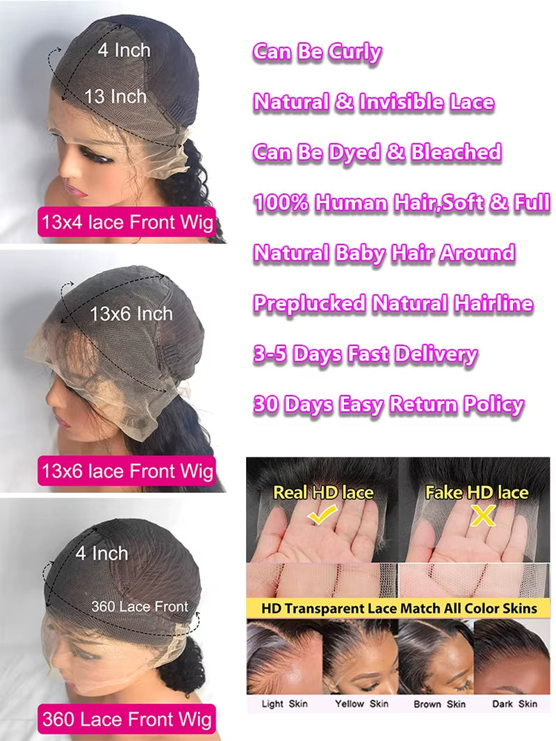 250 Density Deep Wave Lace Front Wig - 13X6 HD Lace Frontal, 4X4 & 13X4 Curly Human Hair Wigs for Women, 360 Pre-Plucked Lace Wig