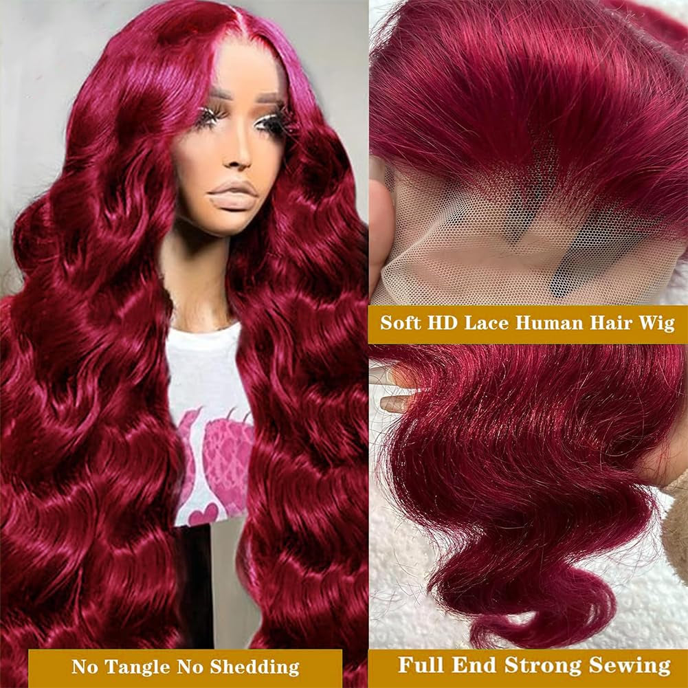 99J Burgundy Human Hair Lace Front Wig - 13X4 Body Wave, 180 Density, HD Transparent, Glueless, Pre-Plucked with Baby Hair, 22 Inch