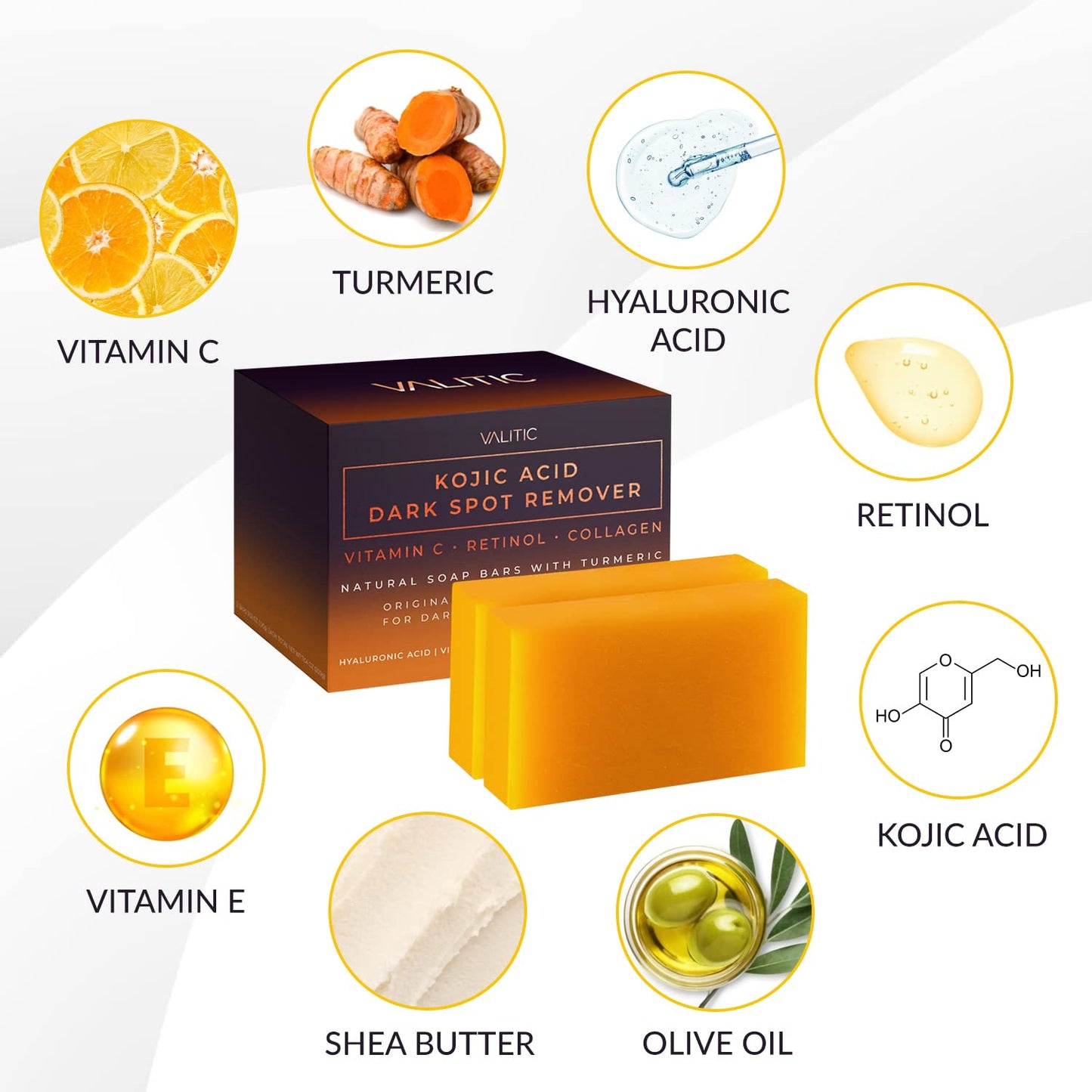 Kojic Acid Dark Spot Remover Soap Bars with Vitamin C, Retinol, Collagen, and Turmeric - Original Japanese Formula Enriched with Hyaluronic Acid, Vitamin E, Shea Butter, and Castile Olive Oil (2 Pack)