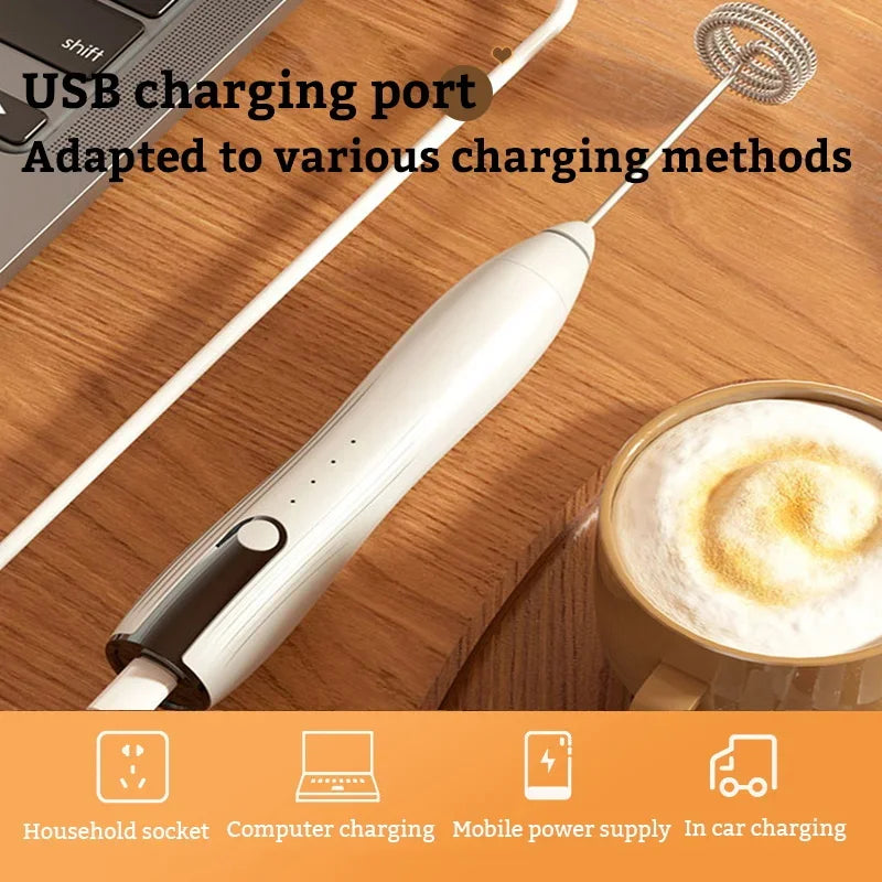 USB Rechargeable Electric Milk Frother with 3 Speed Settings for Coffee, Cappuccino, and Cream Foam Mixing