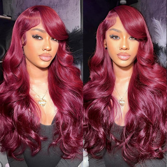 99J Burgundy Human Hair Lace Front Wig - 13X4 Body Wave, 180 Density, HD Transparent, Glueless, Pre-Plucked with Baby Hair, 22 Inch