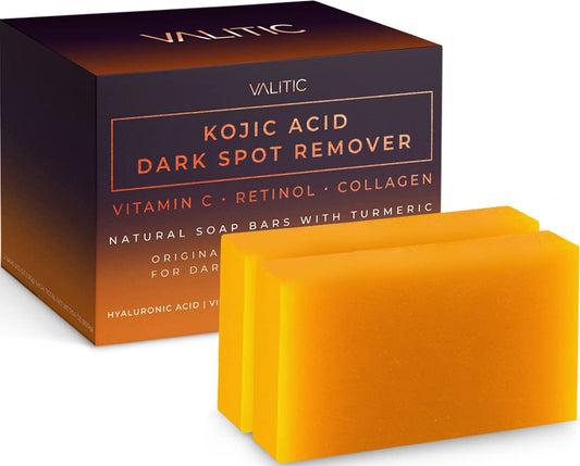 Kojic Acid Dark Spot Remover Soap Bars with Vitamin C, Retinol, Collagen, and Turmeric - Original Japanese Formula Enriched with Hyaluronic Acid, Vitamin E, Shea Butter, and Castile Olive Oil (2 Pack)
